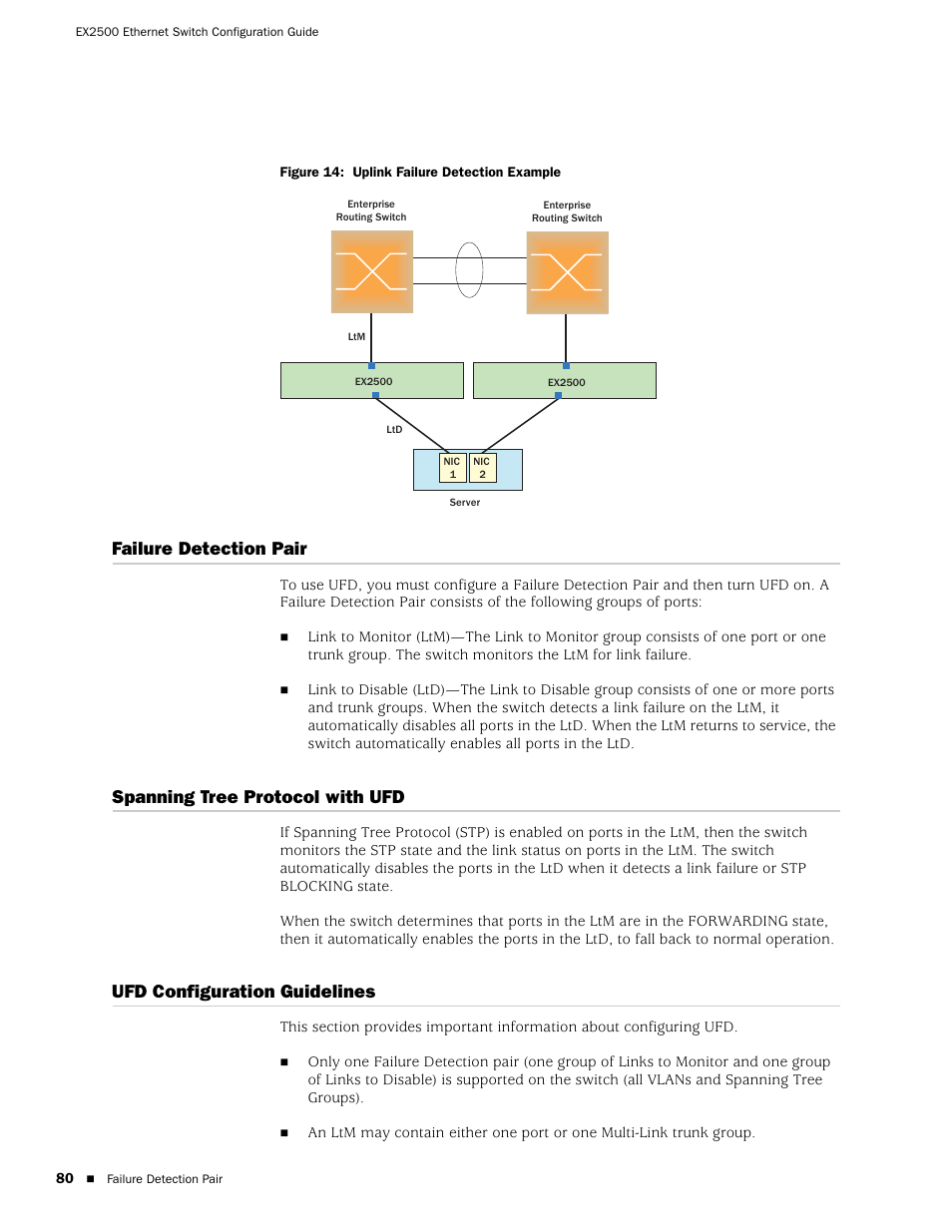 Failure detection pair, Spanning tree protocol with ufd, Ufd configuration guidelines | Figure 14: uplink failure detection example | Juniper Networks EX2500 User Manual | Page 94 / 106