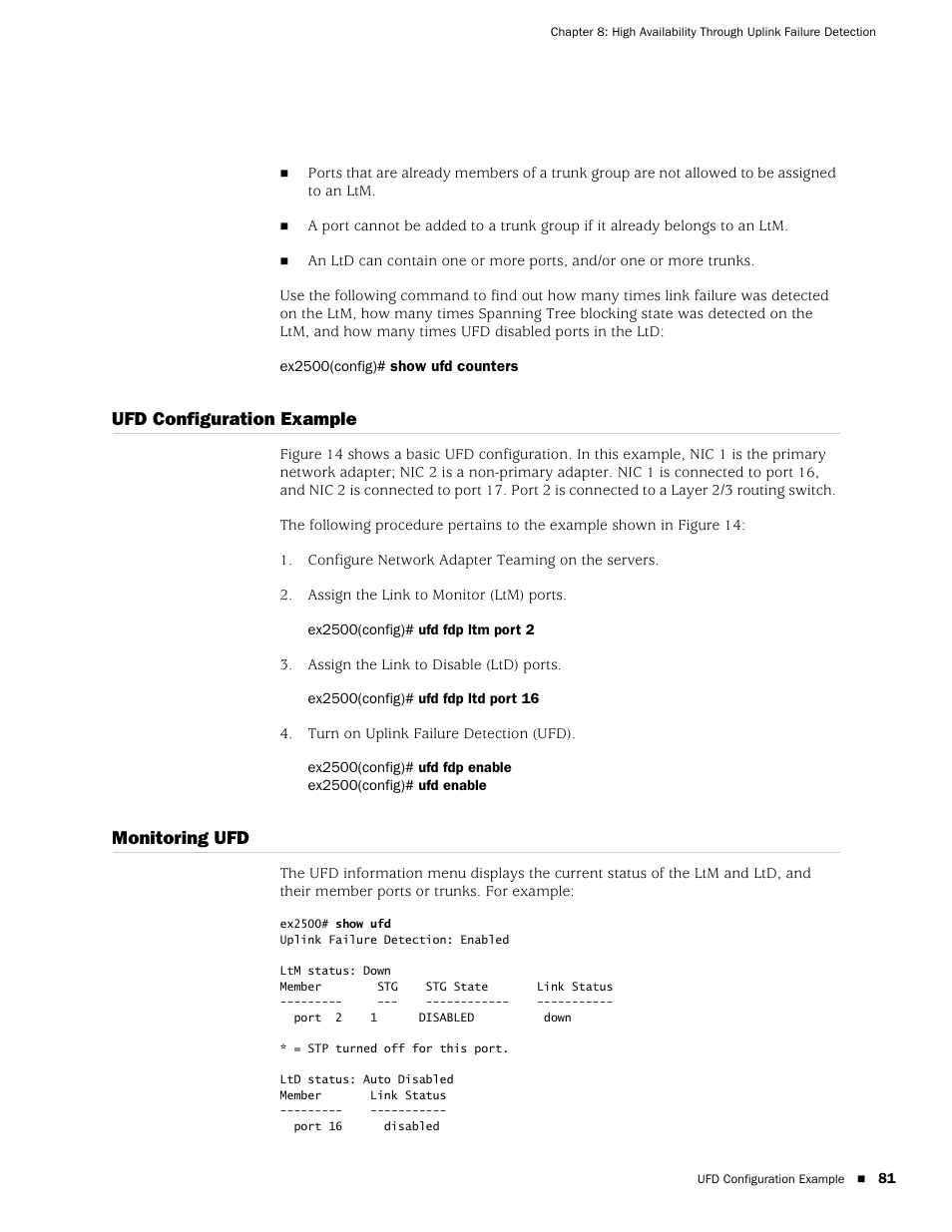 Ufd configuration example, Monitoring ufd, Ufd configuration example monitoring ufd | Juniper Networks EX2500 User Manual | Page 95 / 106