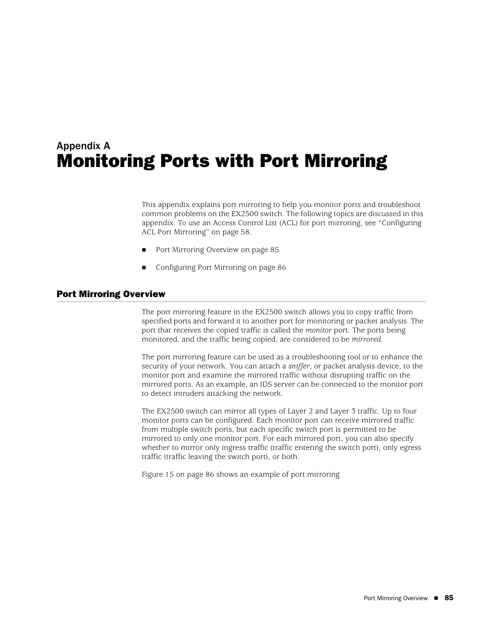 Monitoring ports with port mirroring, Port mirroring overview, Appendix a | Juniper Networks EX2500 User Manual | Page 99 / 106