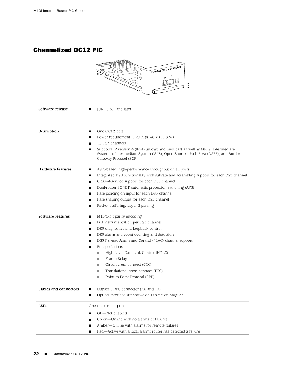 Channelized oc12 pic | Juniper Networks Juniper M-series M10i User Manual | Page 22 / 78