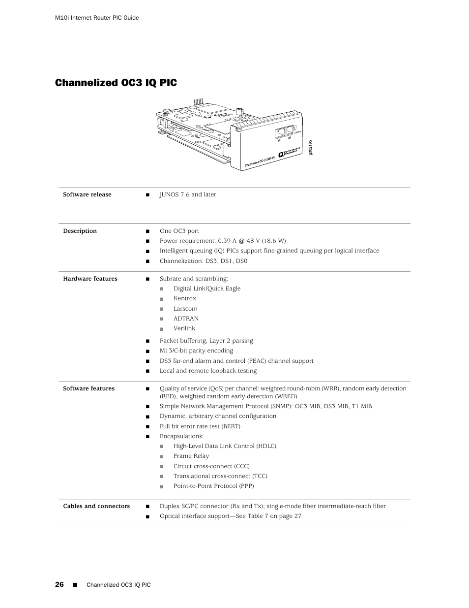 Channelized oc3 iq pic | Juniper Networks Juniper M-series M10i User Manual | Page 26 / 78