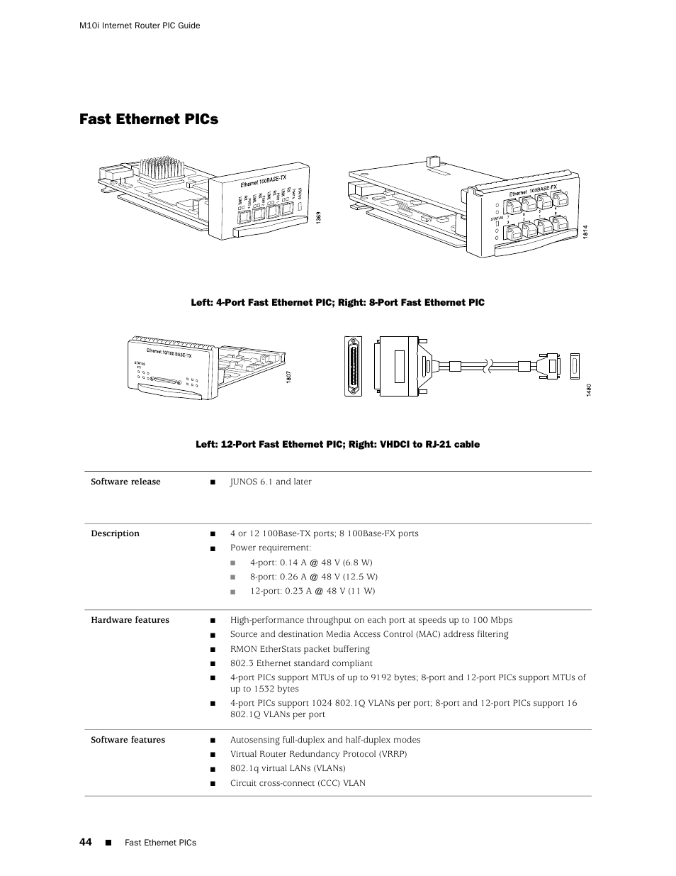 Fast ethernet pics | Juniper Networks Juniper M-series M10i User Manual | Page 44 / 78