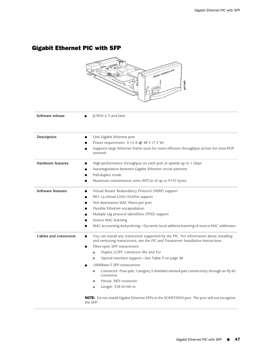 Gigabit ethernet pic with sfp | Juniper Networks Juniper M-series M10i User Manual | Page 47 / 78