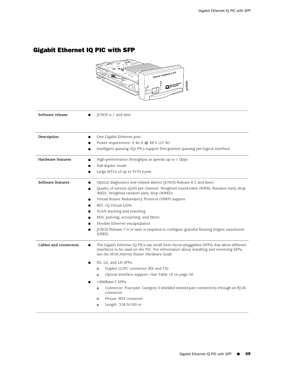 Gigabit ethernet iq pic with sfp | Juniper Networks Juniper M-series M10i User Manual | Page 49 / 78