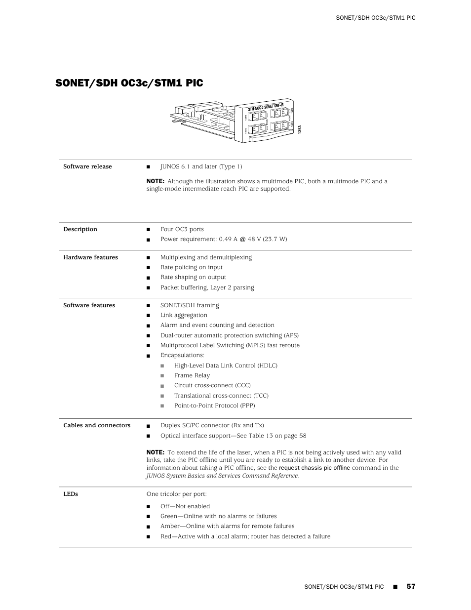 Sonet/sdh oc3c/stm1 pic | Juniper Networks Juniper M-series M10i User Manual | Page 57 / 78