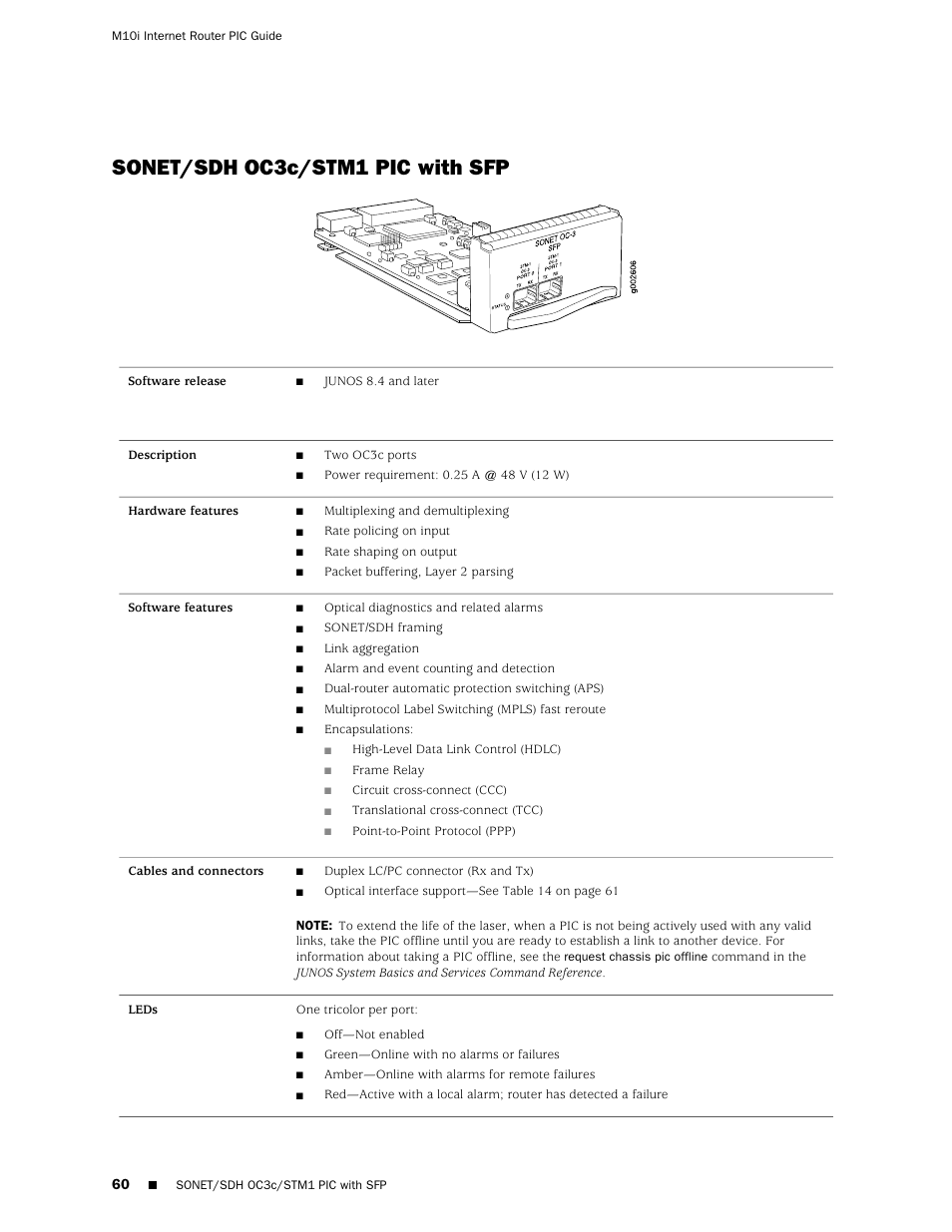 Sonet/sdh oc3c/stm1 pic with sfp | Juniper Networks Juniper M-series M10i User Manual | Page 60 / 78