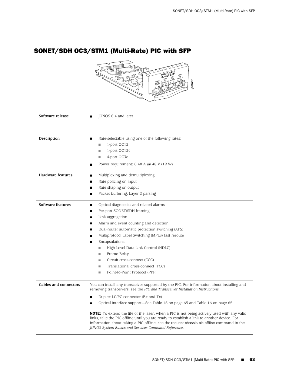 Sonet/sdh oc3/stm1 (multi-rate) pic with sfp | Juniper Networks Juniper M-series M10i User Manual | Page 63 / 78