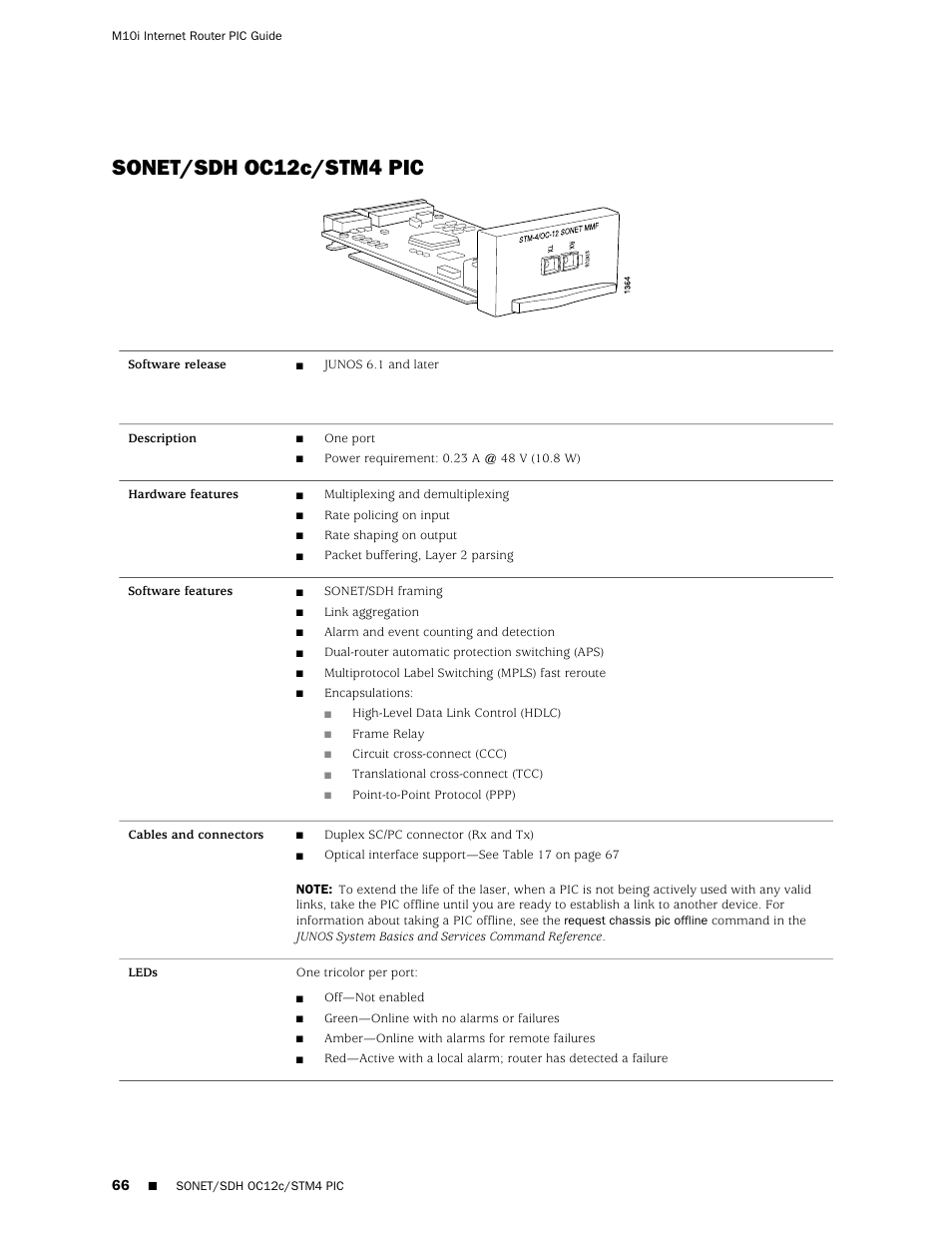 Sonet/sdh oc12c/stm4 pic | Juniper Networks Juniper M-series M10i User Manual | Page 66 / 78