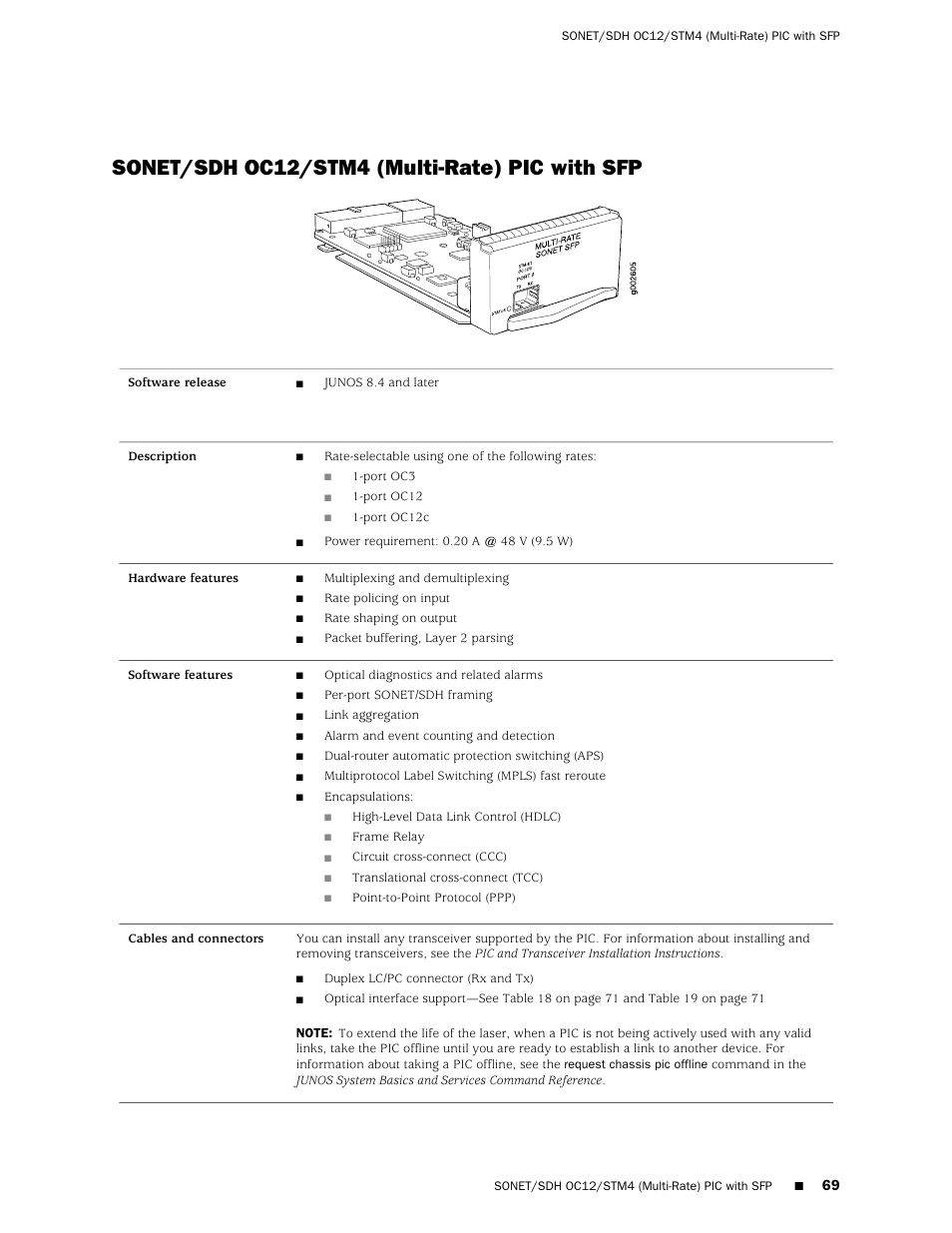 Sonet/sdh oc12/stm4 (multi-rate) pic with sfp | Juniper Networks Juniper M-series M10i User Manual | Page 69 / 78