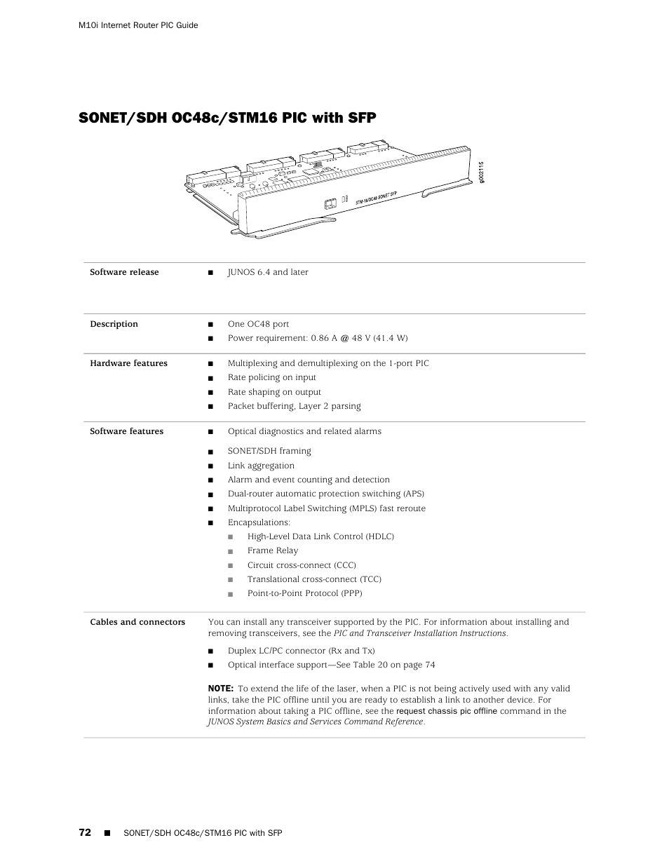 Sonet/sdh oc48c/stm16 pic with sfp | Juniper Networks Juniper M-series M10i User Manual | Page 72 / 78