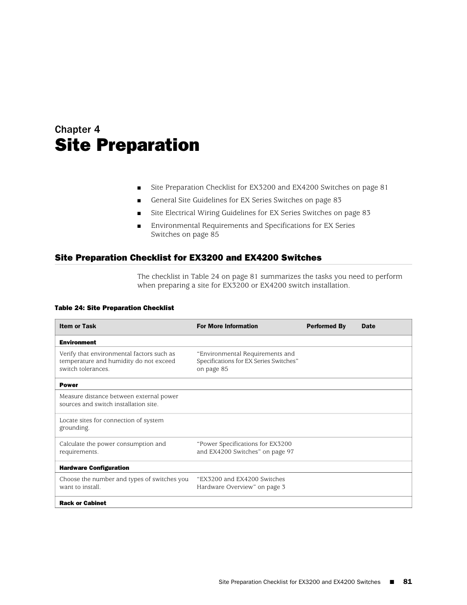 Chapter 4: site preparation, Chapter 4, Site preparation | Table 24: site preparation checklist | Juniper Networks EX4200 User Manual | Page 107 / 284