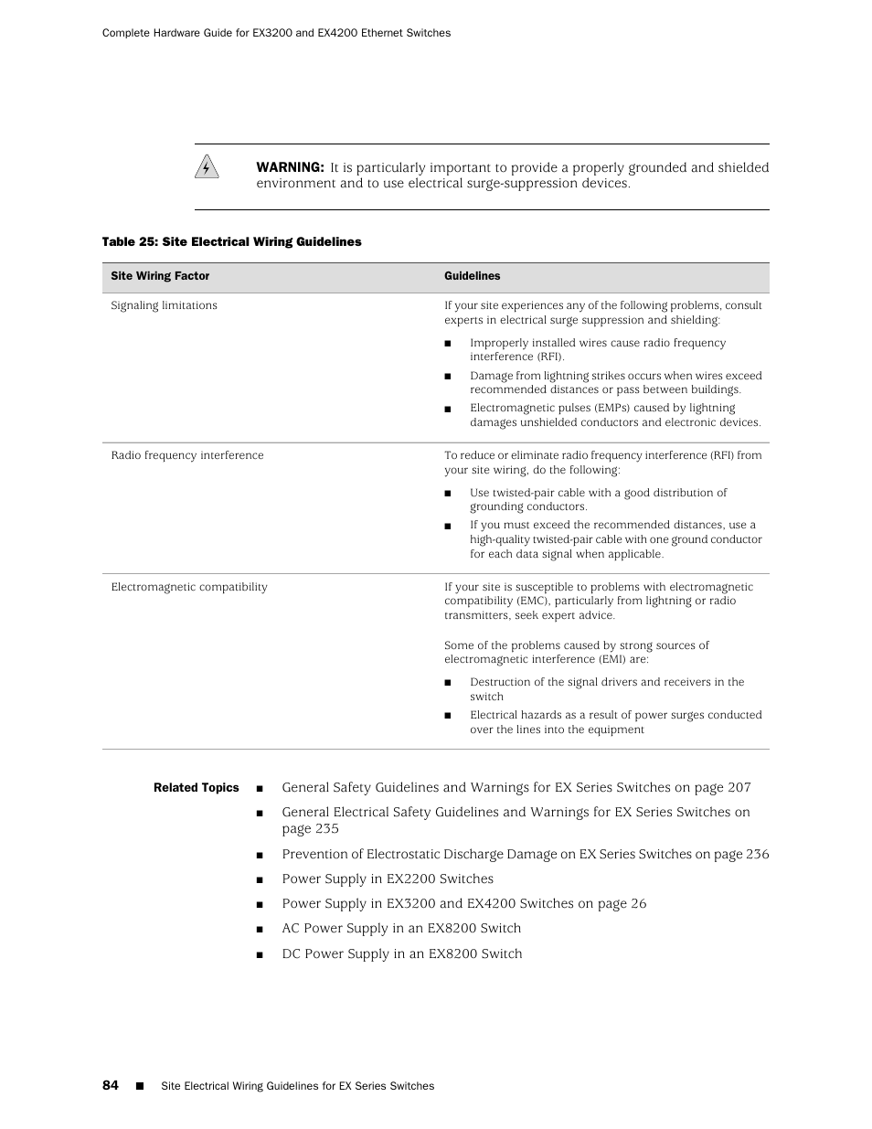 Table 25: site electrical wiring guidelines | Juniper Networks EX4200 User Manual | Page 110 / 284