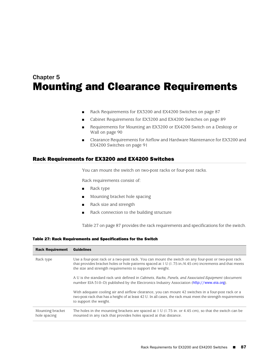 Chapter 5: mounting and clearance requirements, Rack requirements for ex3200 and ex4200 switches, Chapter 5 | Mounting and clearance requirements | Juniper Networks EX4200 User Manual | Page 113 / 284