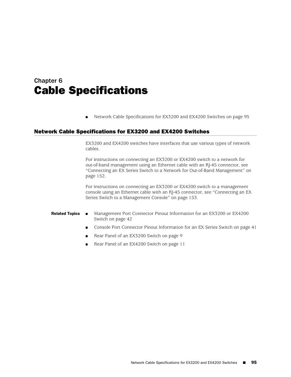Chapter 6: cable specifications, Chapter 6, Cable specifications | Juniper Networks EX4200 User Manual | Page 121 / 284