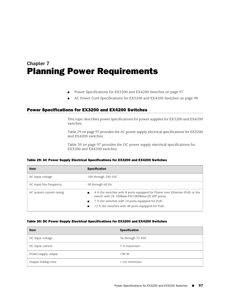 Chapter 7: planning power requirements, Chapter 7, Planning power requirements | Switches | Juniper Networks EX4200 User Manual | Page 123 / 284