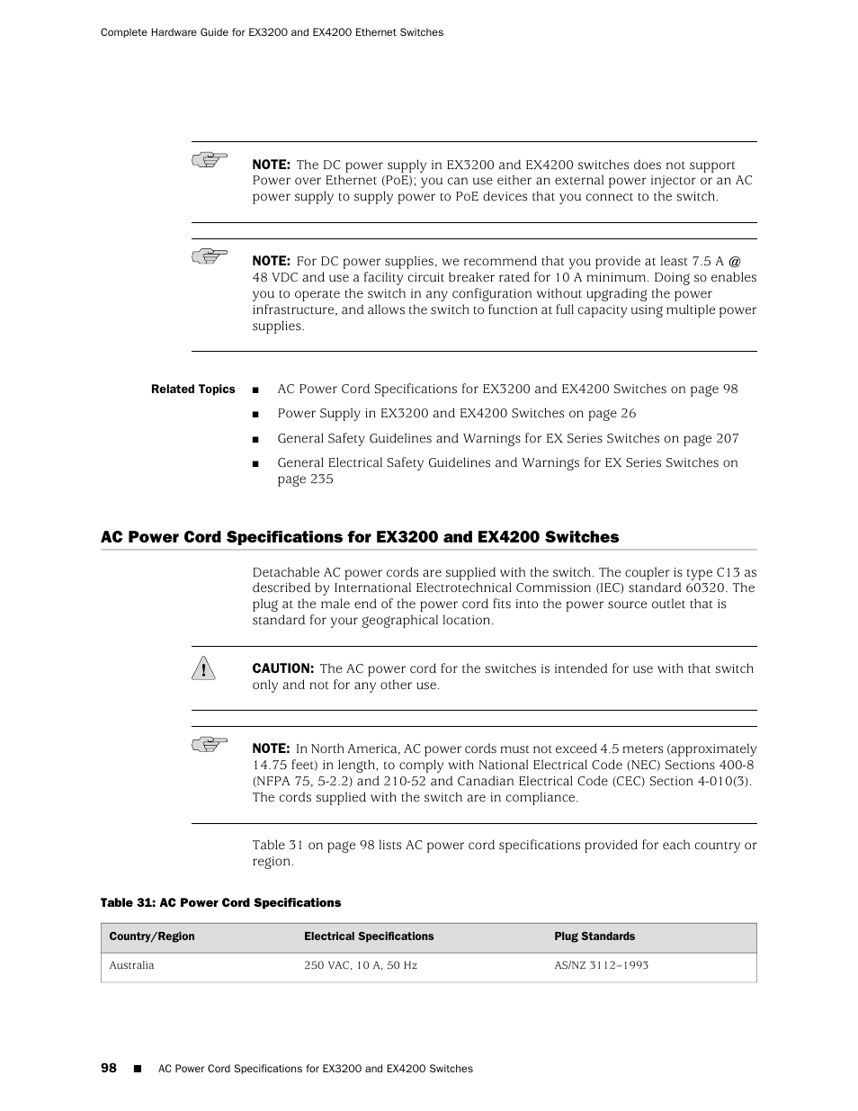 Table 31: ac power cord specifications | Juniper Networks EX4200 User Manual | Page 124 / 284