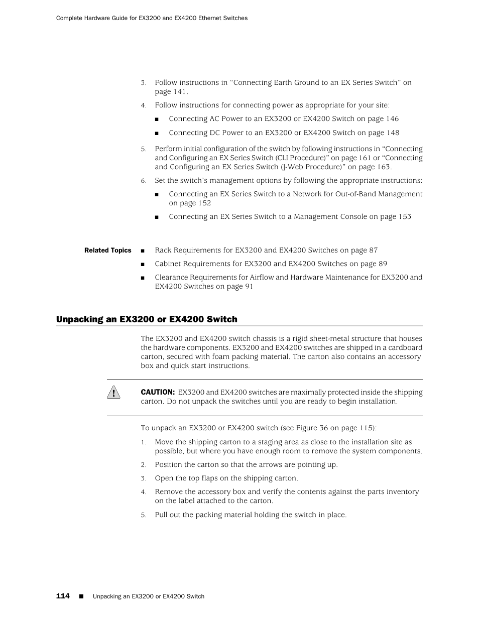 Unpacking an ex3200 or ex4200 switch | Juniper Networks EX4200 User Manual | Page 140 / 284