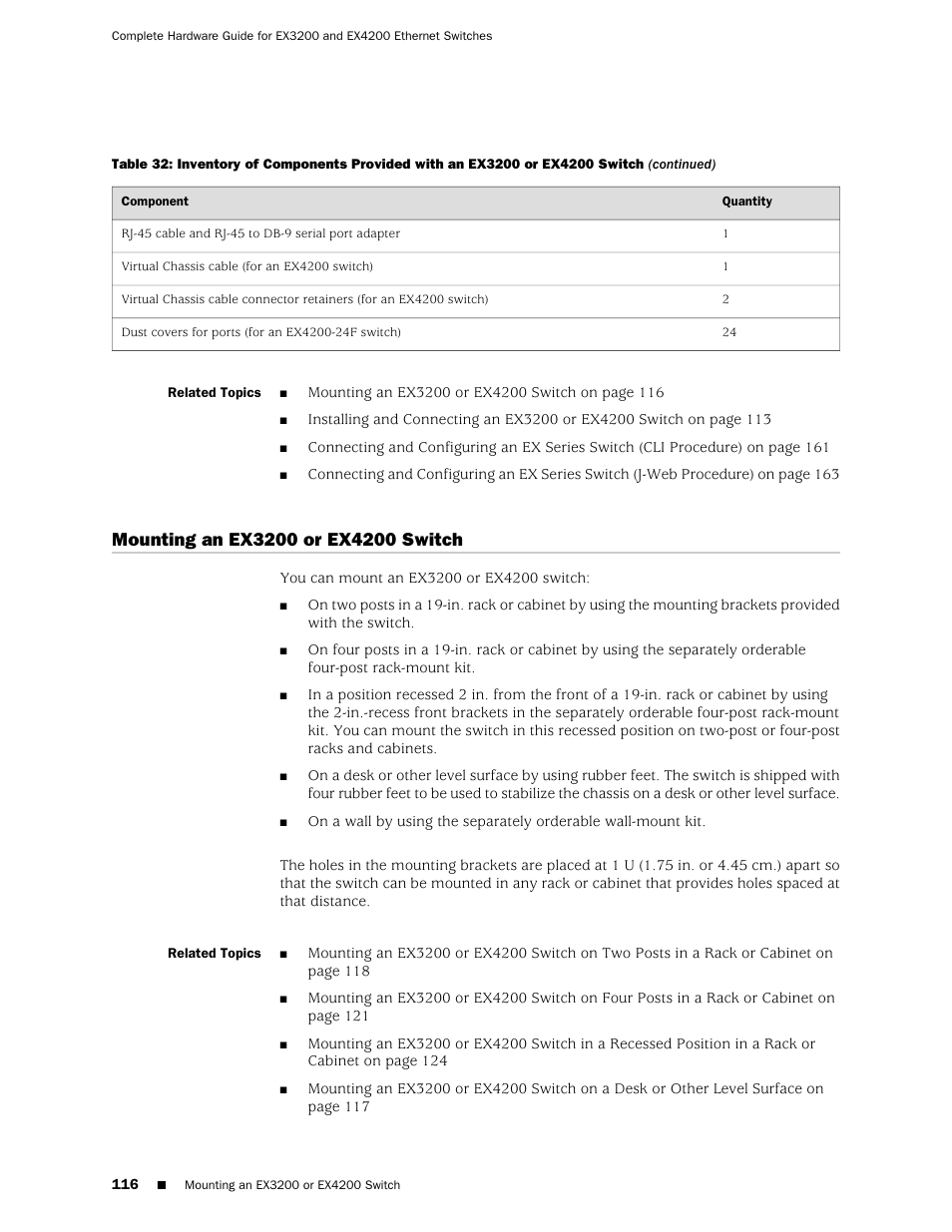 Mounting an ex3200 or ex4200 switch | Juniper Networks EX4200 User Manual | Page 142 / 284