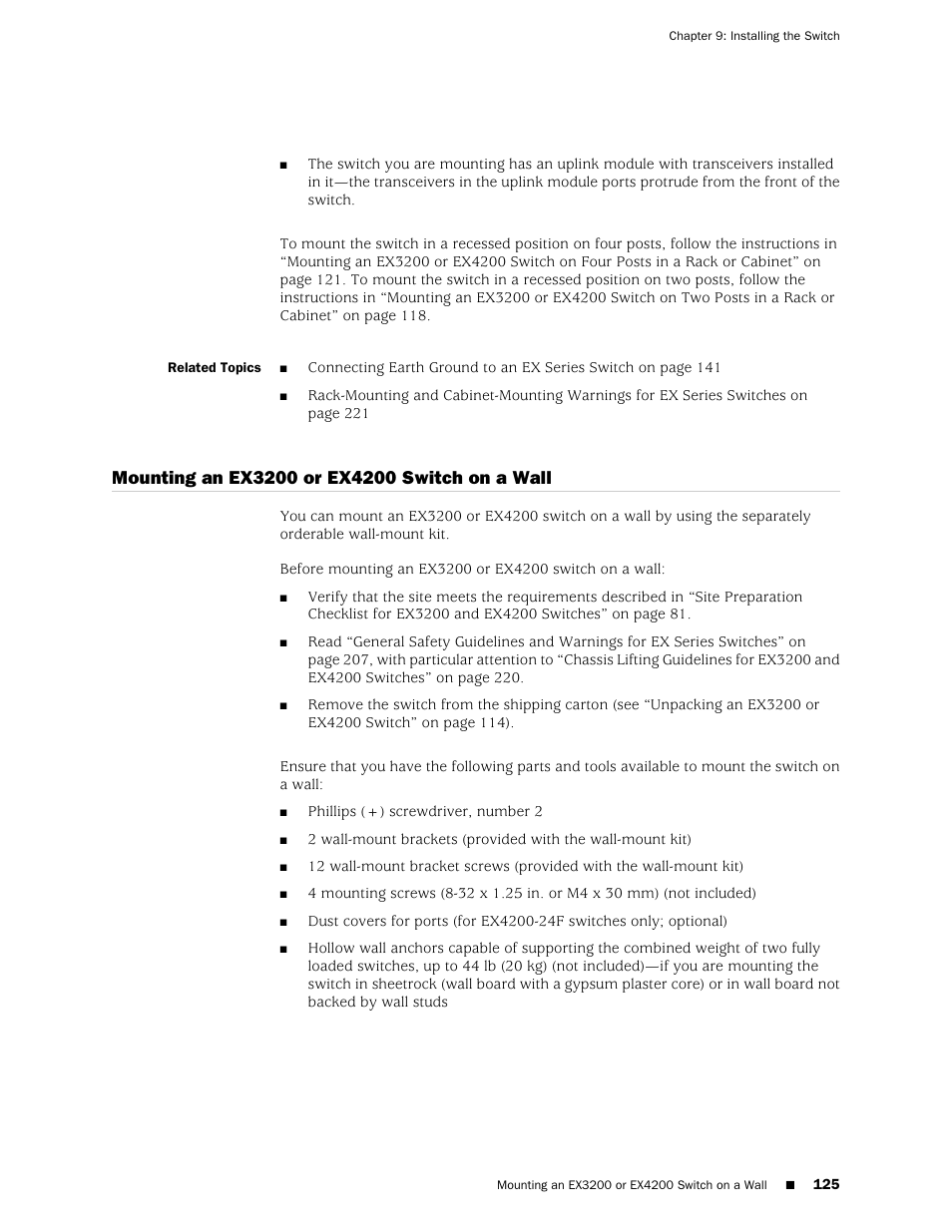 Mounting an ex3200 or ex4200 switch on a wall | Juniper Networks EX4200 User Manual | Page 151 / 284