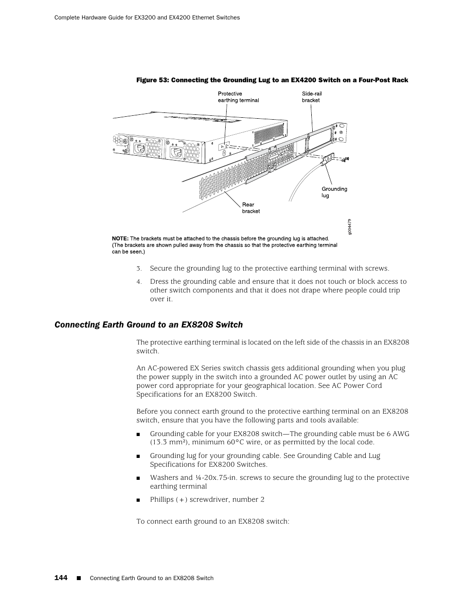 Connecting earth ground to an ex8208 switch, Rack | Juniper Networks EX4200 User Manual | Page 170 / 284