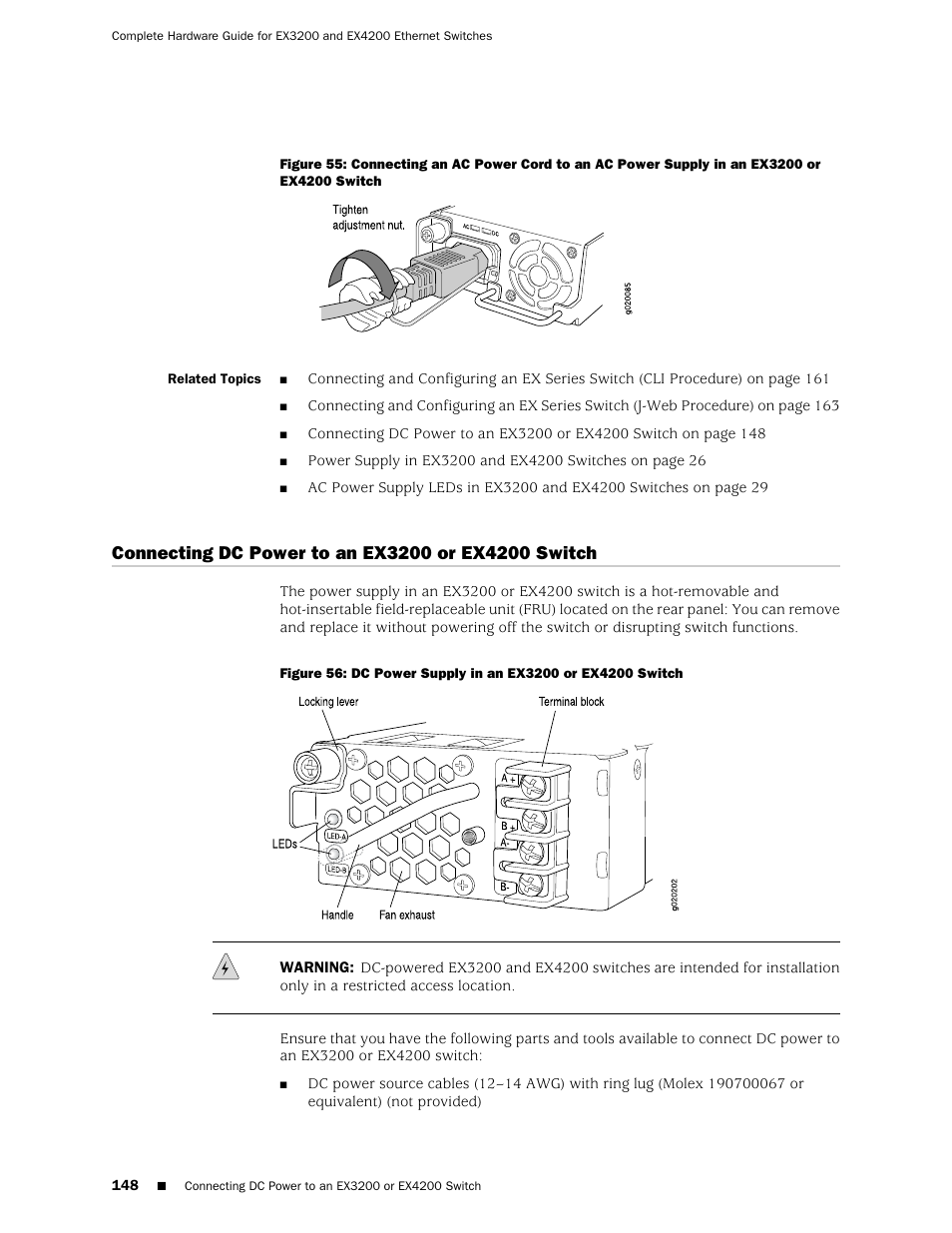 Connecting dc power to an ex3200 or ex4200 switch, Ex3200 or ex4200 switch | Juniper Networks EX4200 User Manual | Page 174 / 284