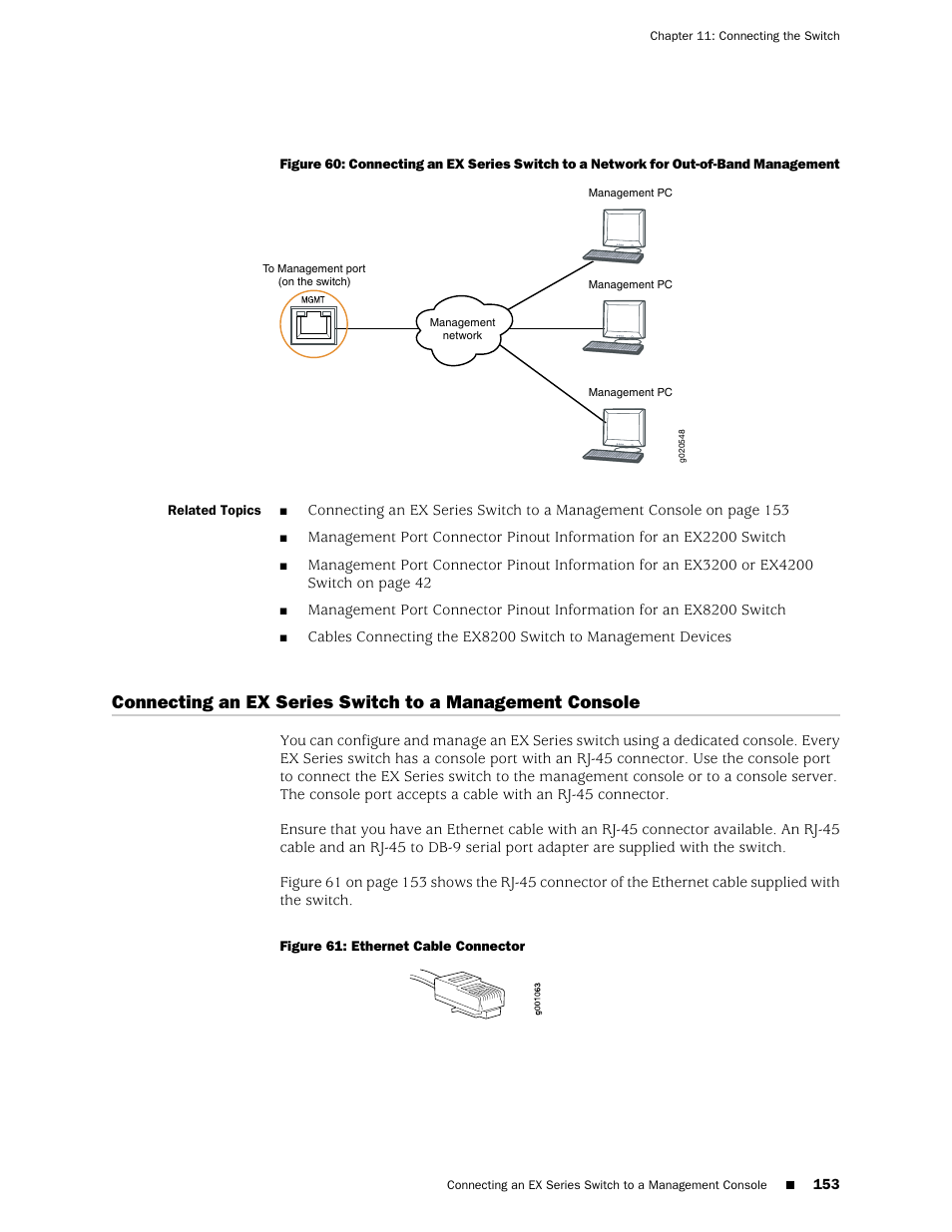 Management, Figure 61: ethernet cable connector | Juniper Networks EX4200 User Manual | Page 179 / 284