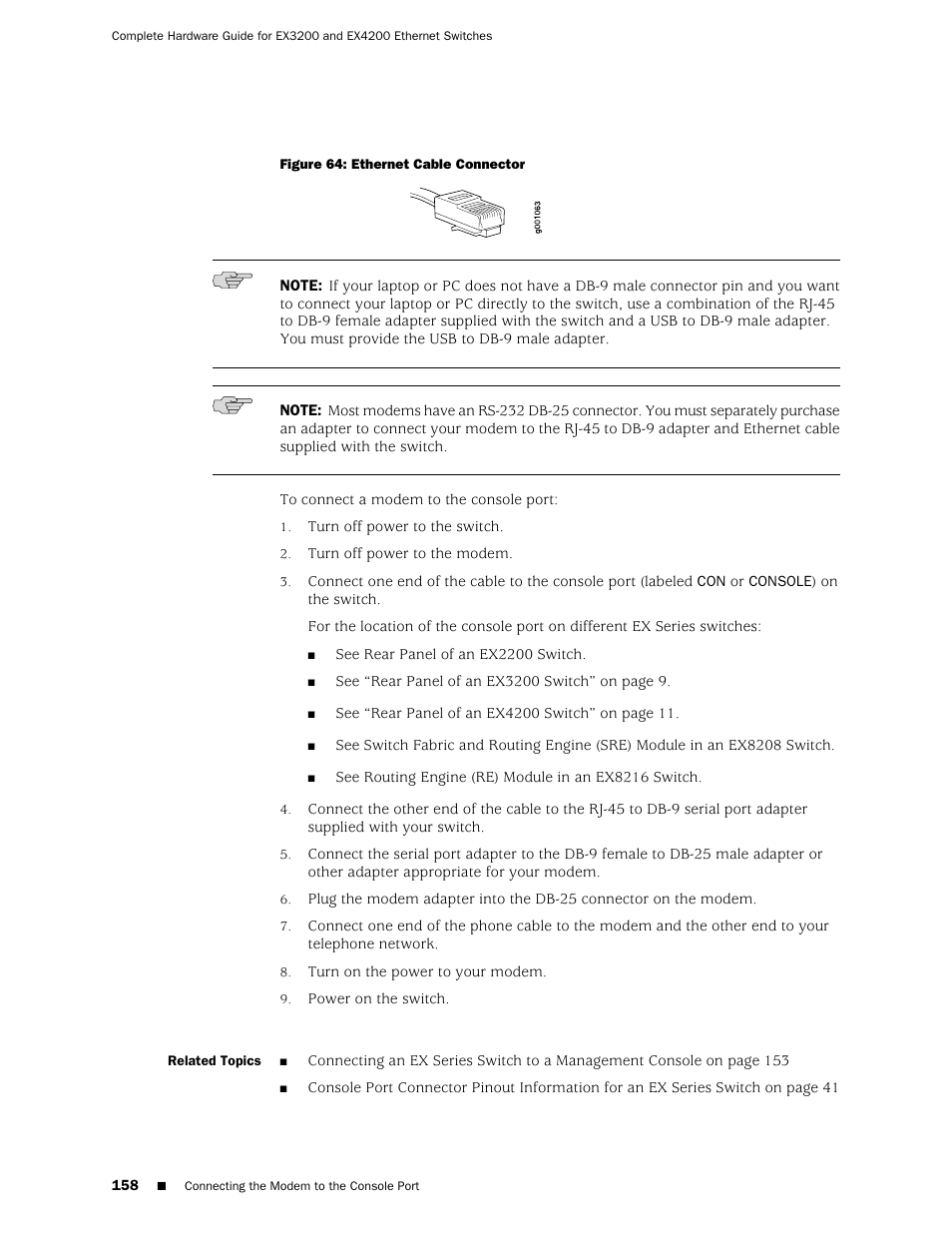 Figure 64: ethernet cable connector | Juniper Networks EX4200 User Manual | Page 184 / 284
