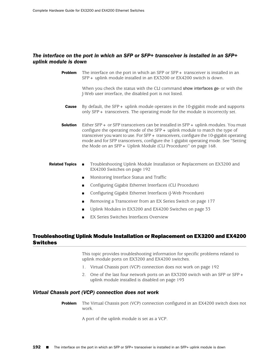 In an sfp+ uplink module is down, Ex4200 switches | Juniper Networks EX4200 User Manual | Page 218 / 284
