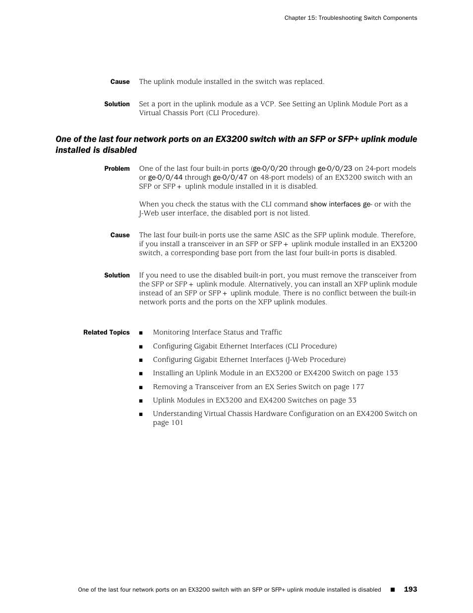 Sfp+ uplink module installed is disabled | Juniper Networks EX4200 User Manual | Page 219 / 284