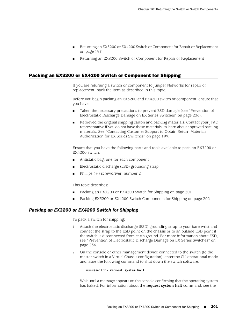 Packing an ex3200 or ex4200 switch for shipping | Juniper Networks EX4200 User Manual | Page 227 / 284