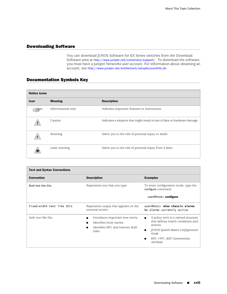 Downloading software, Documentation symbols key, Xxiii documentation symbols key | Xxiii | Juniper Networks EX4200 User Manual | Page 23 / 284