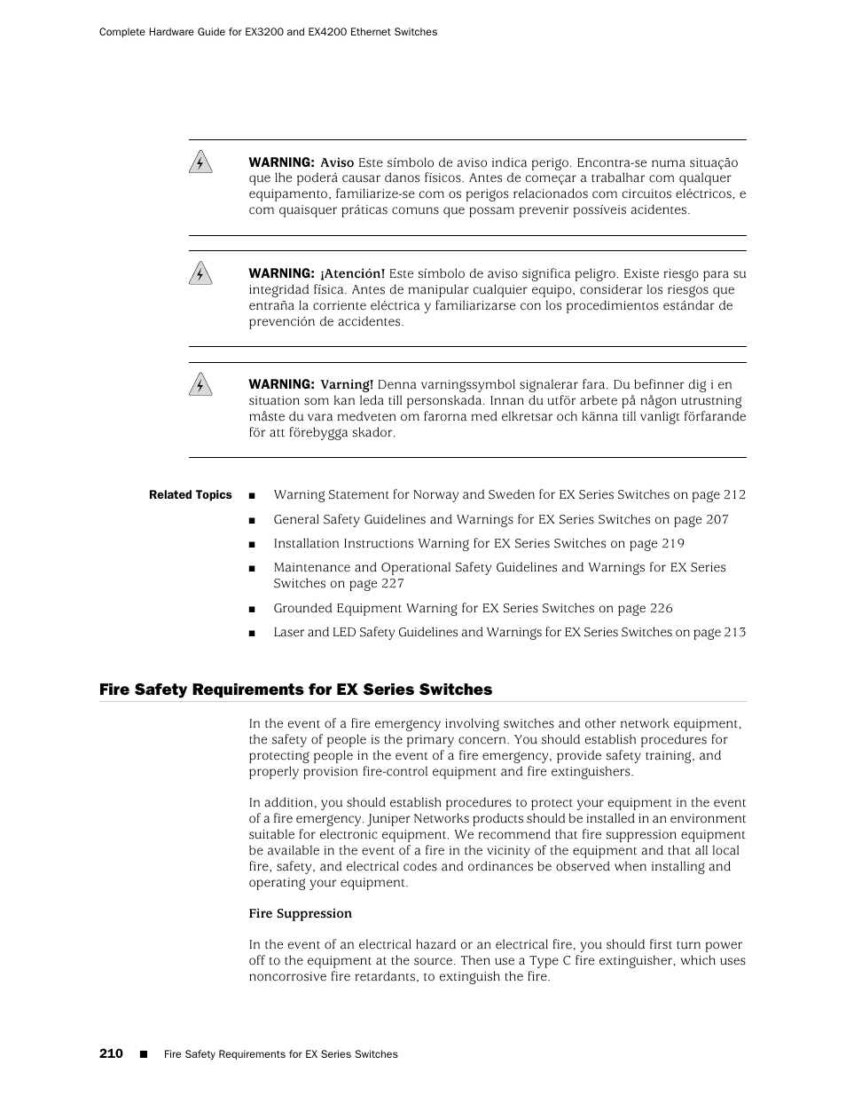 Fire safety requirements for ex series switches | Juniper Networks EX4200 User Manual | Page 236 / 284