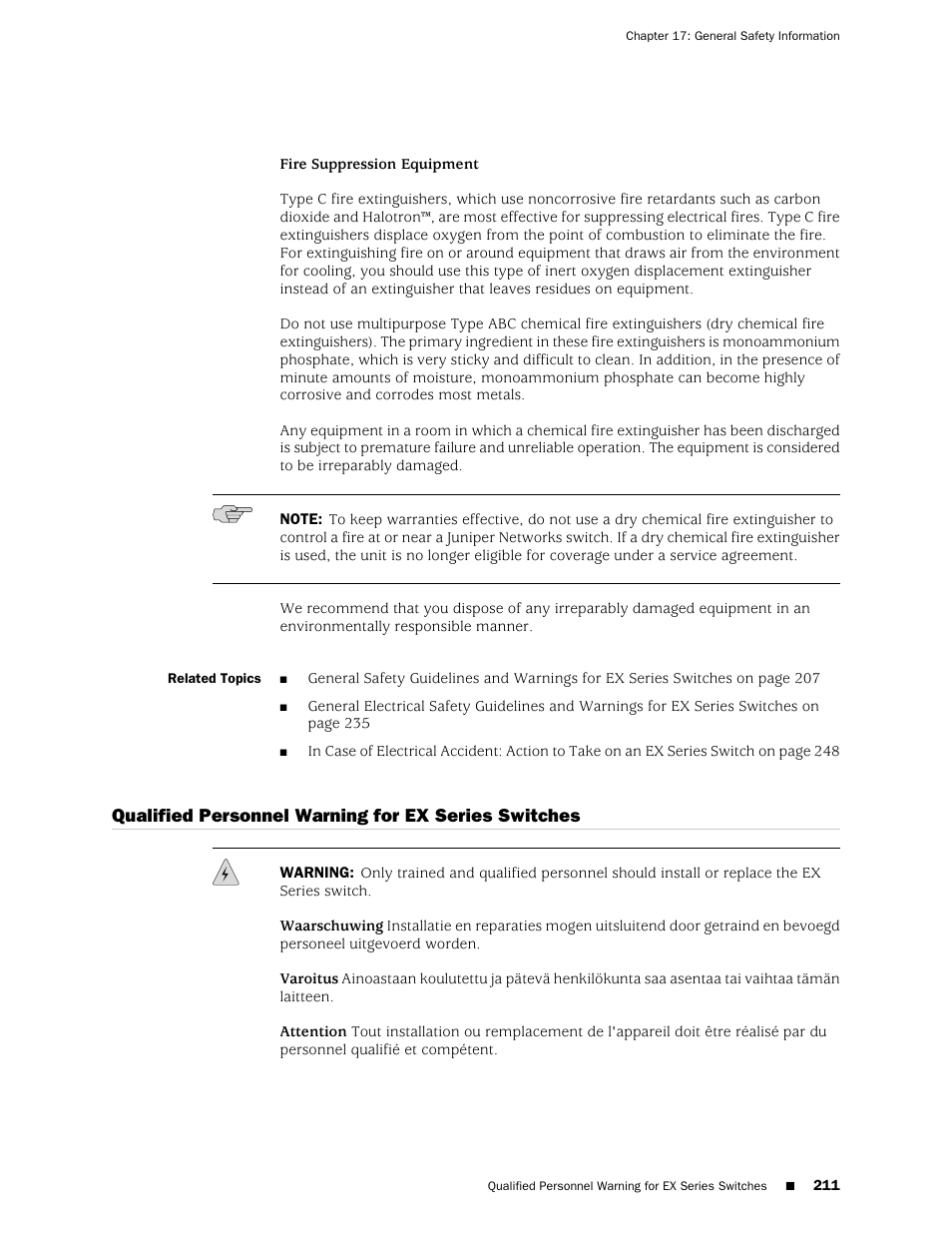 Qualified personnel warning for ex series switches | Juniper Networks EX4200 User Manual | Page 237 / 284