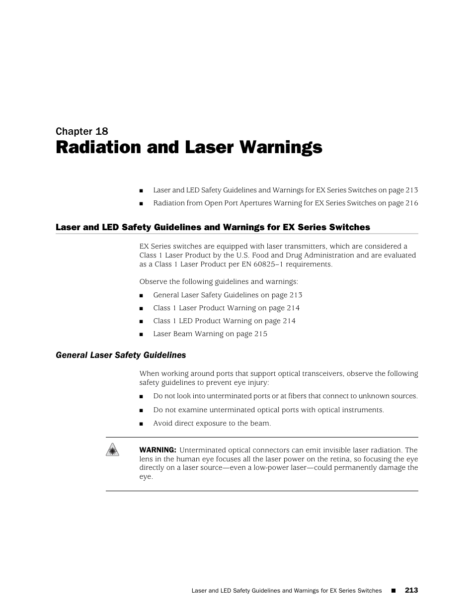 Chapter 18: radiation and laser warnings, General laser safety guidelines, Chapter 18 | Radiation and laser warnings | Juniper Networks EX4200 User Manual | Page 239 / 284