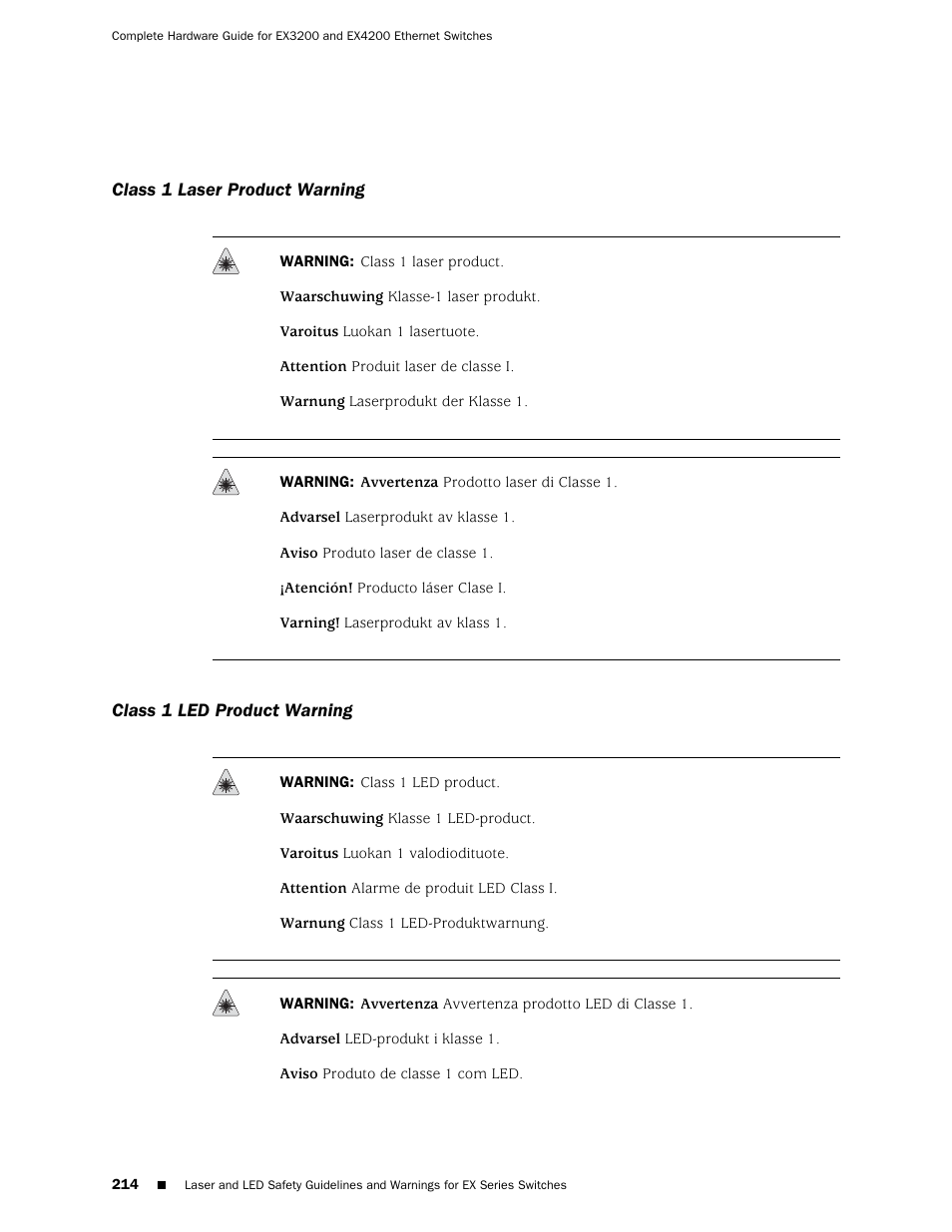 Class 1 laser product warning, Class 1 led product warning, 214 class 1 led product warning | Juniper Networks EX4200 User Manual | Page 240 / 284