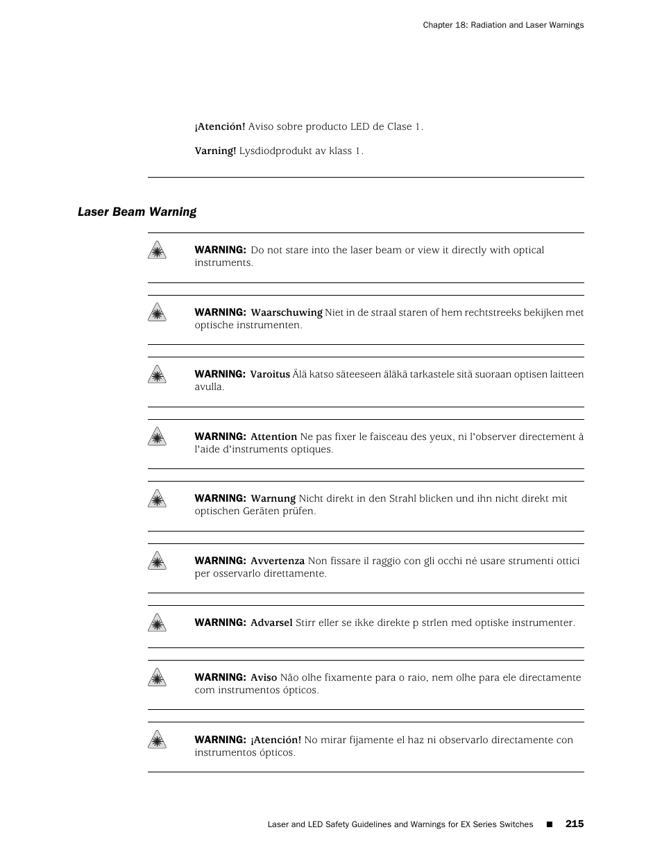 Laser beam warning | Juniper Networks EX4200 User Manual | Page 241 / 284