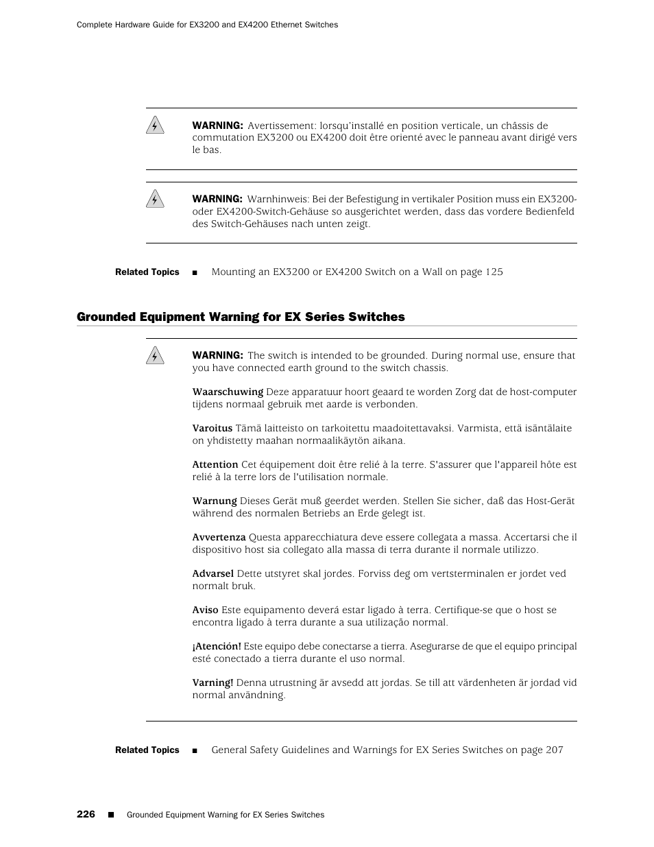 Grounded equipment warning for ex series switches | Juniper Networks EX4200 User Manual | Page 252 / 284