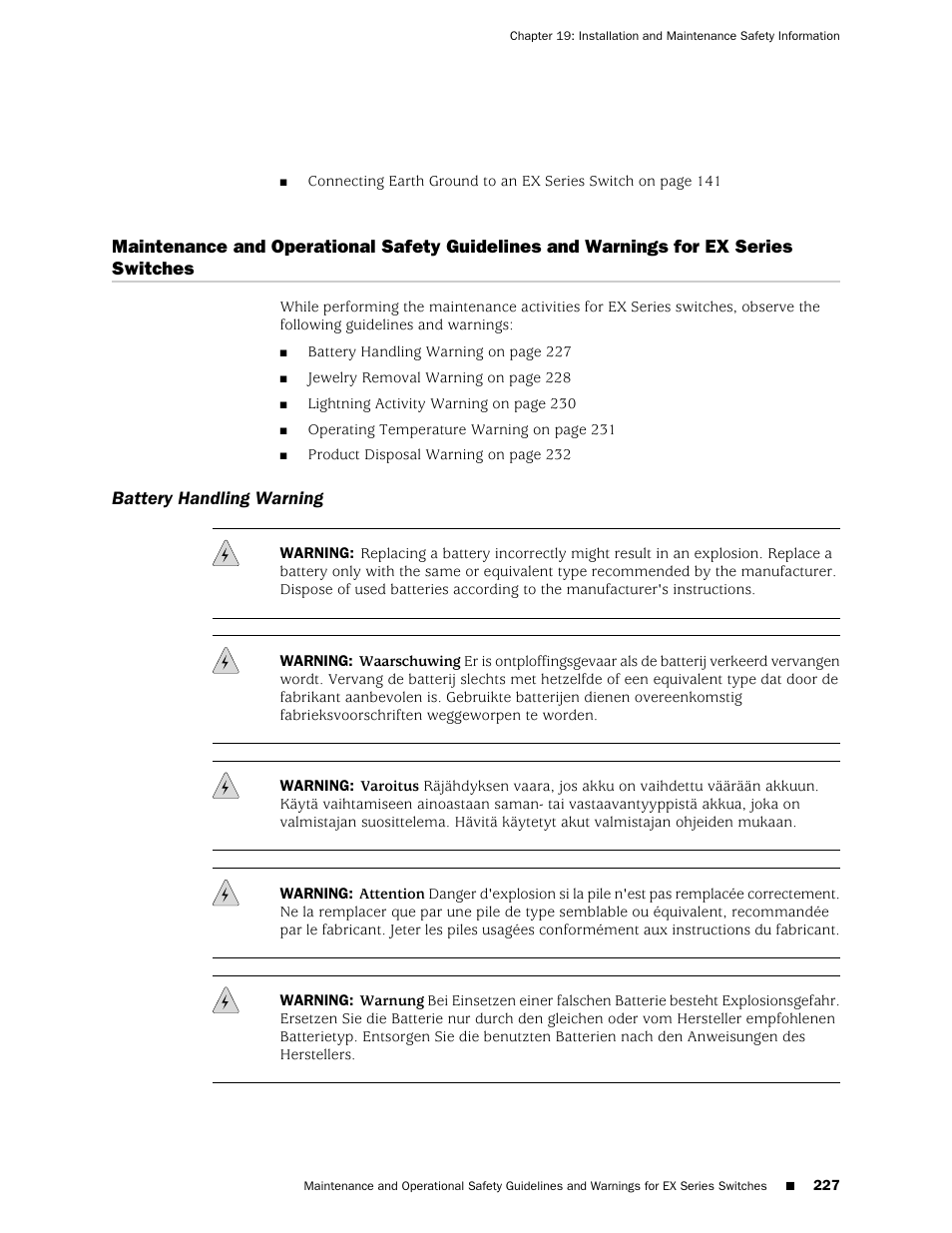 Battery handling warning, Switches, 227 battery handling warning | Juniper Networks EX4200 User Manual | Page 253 / 284
