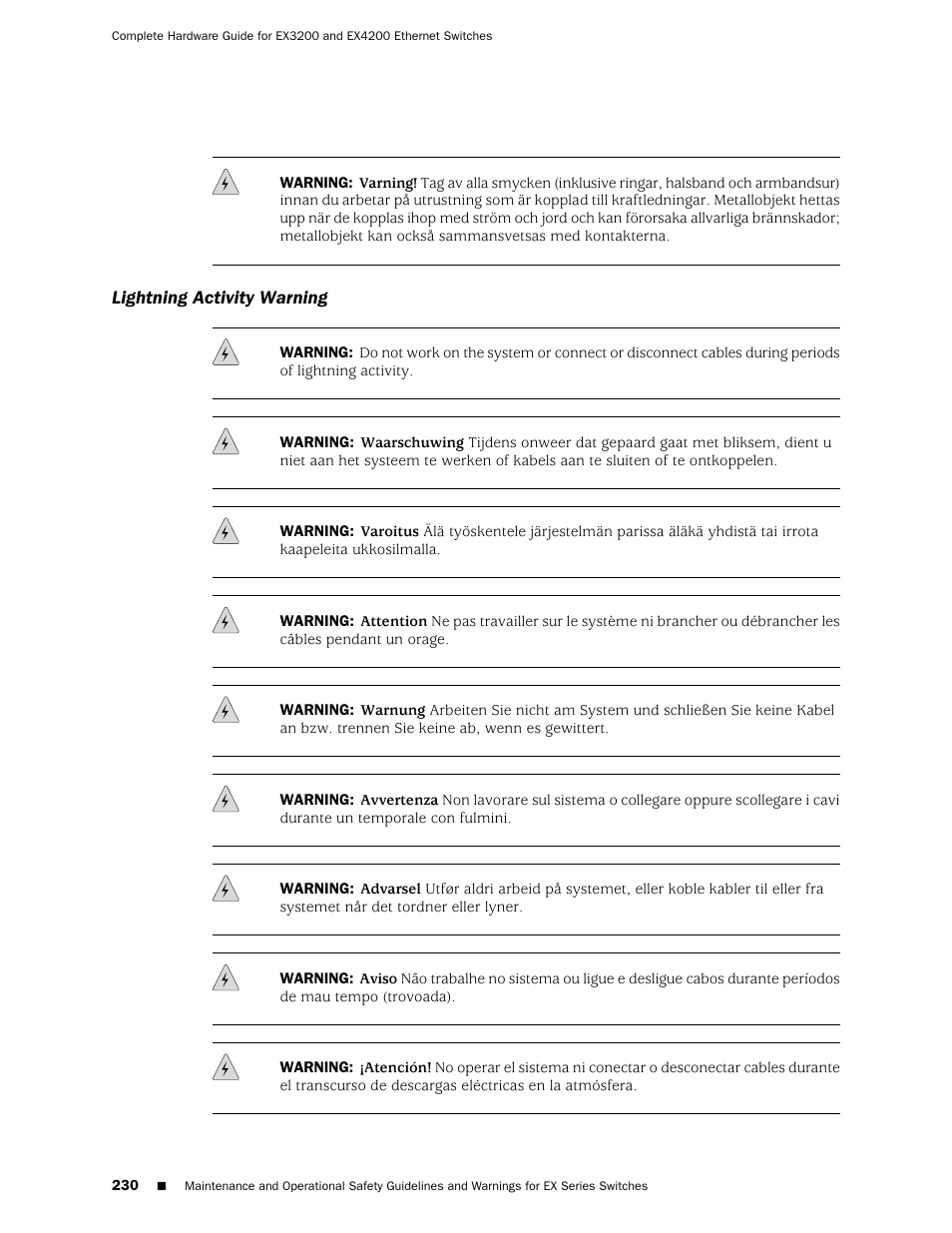 Lightning activity warning | Juniper Networks EX4200 User Manual | Page 256 / 284