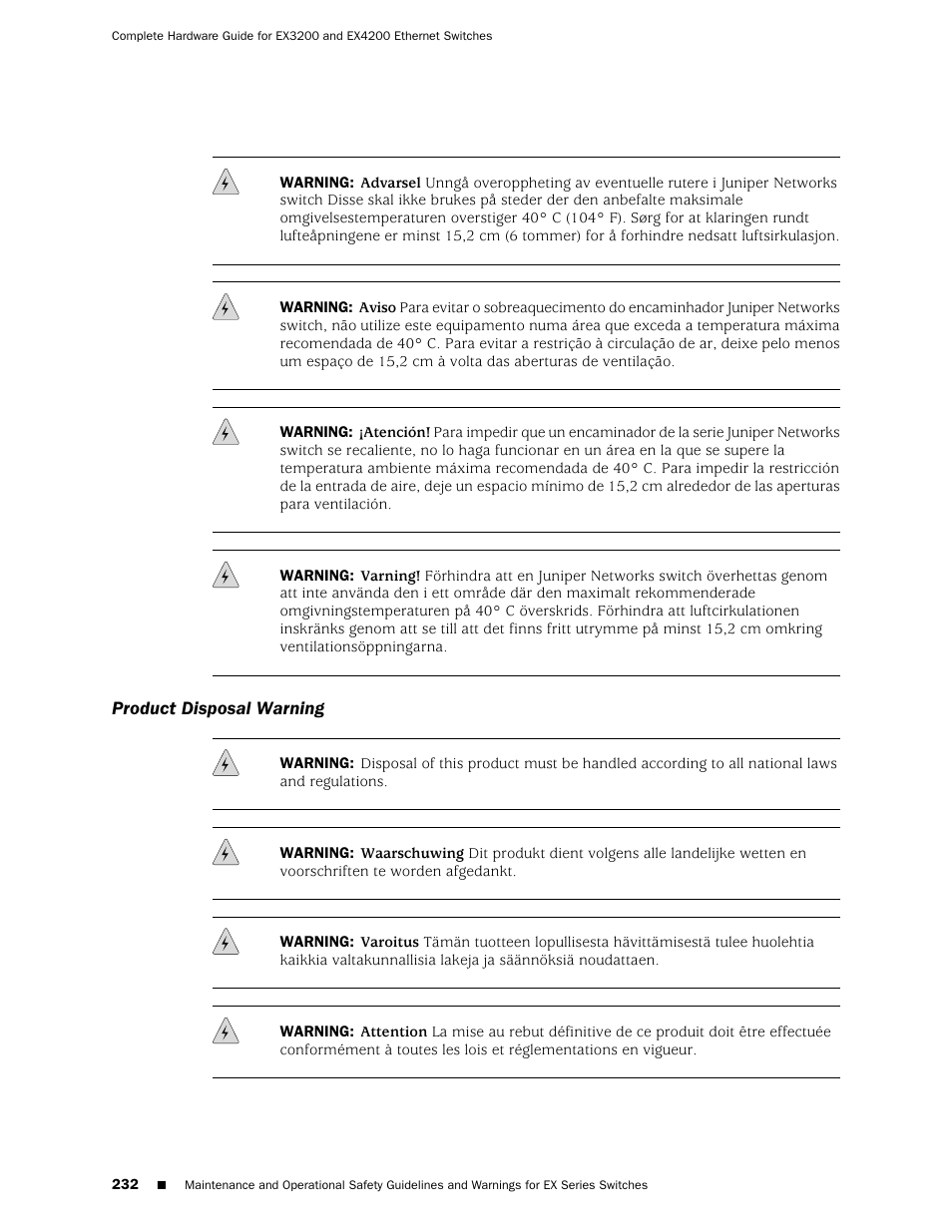 Product disposal warning | Juniper Networks EX4200 User Manual | Page 258 / 284