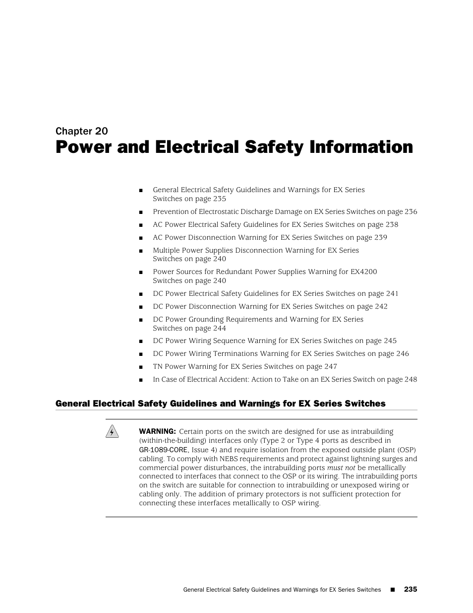Chapter 20, Power and electrical safety information, Switches | Juniper Networks EX4200 User Manual | Page 261 / 284