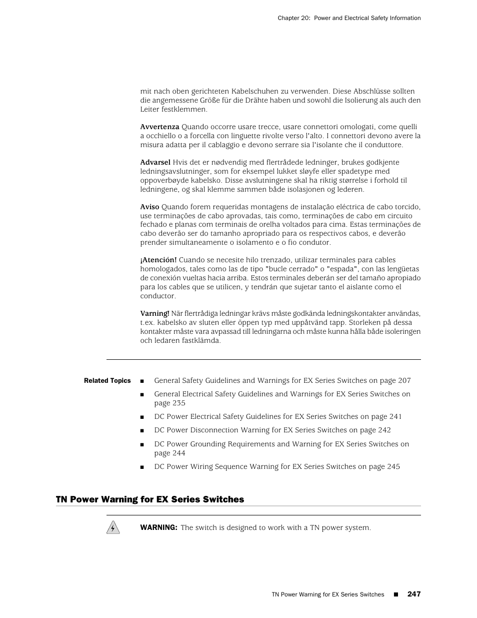 Tn power warning for ex series switches | Juniper Networks EX4200 User Manual | Page 273 / 284