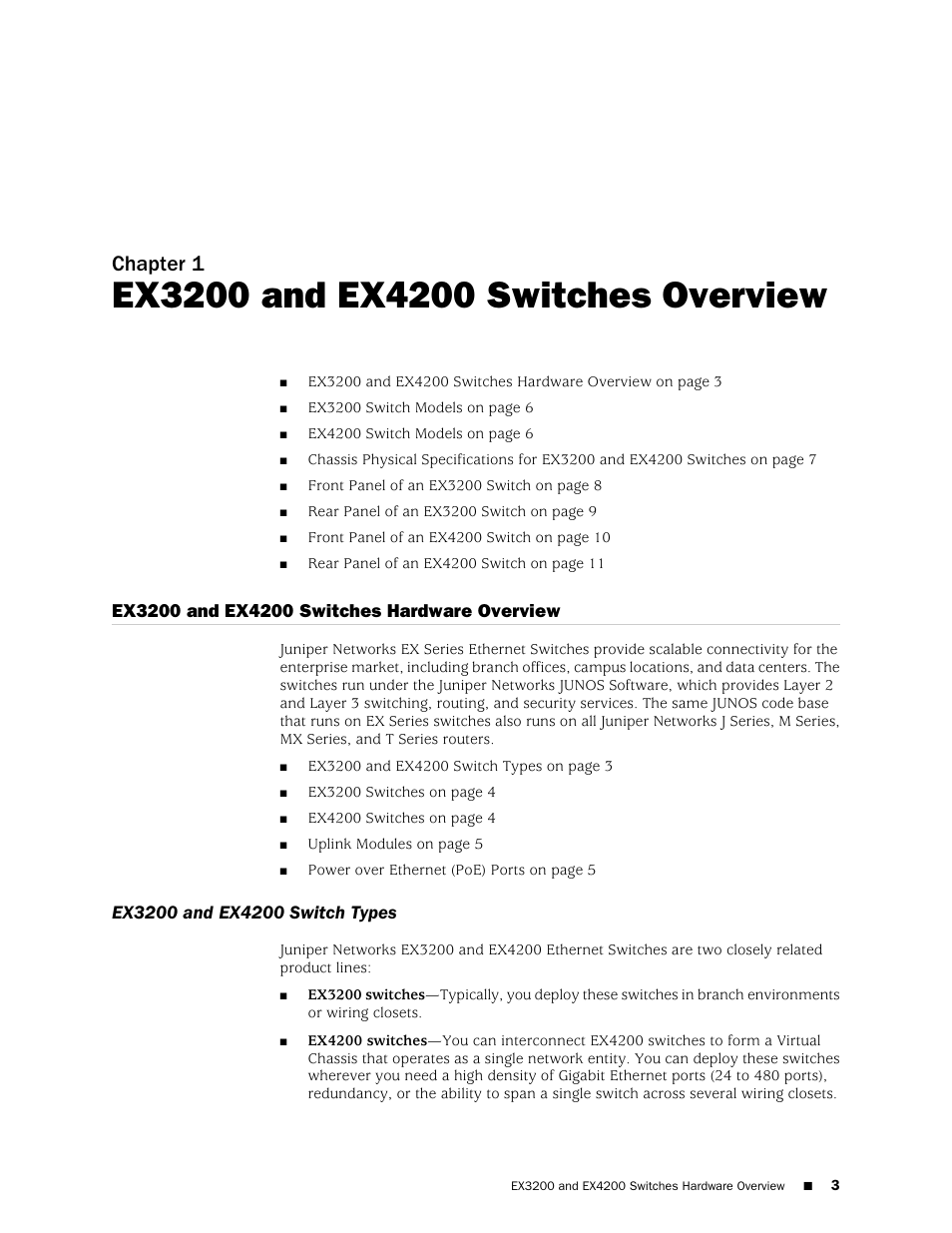 Chapter 1: ex3200 and ex4200 switches overview, Ex3200 and ex4200 switches hardware overview, Ex3200 and ex4200 switch types | Chapter 1, Ex3200 and ex4200 switches overview | Juniper Networks EX4200 User Manual | Page 29 / 284