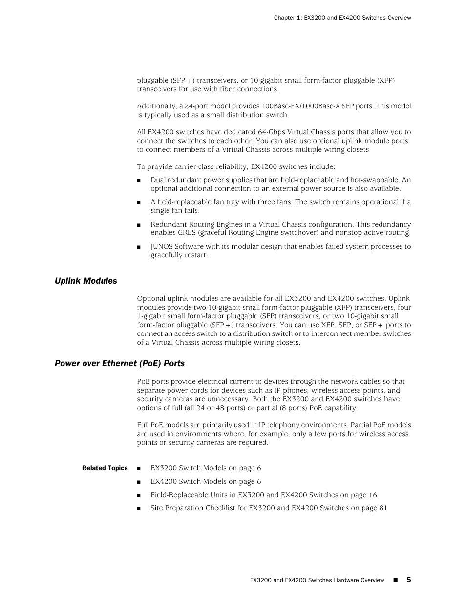 Uplink modules, Power over ethernet (poe) ports, Uplink modules power over ethernet (poe) ports | Juniper Networks EX4200 User Manual | Page 31 / 284
