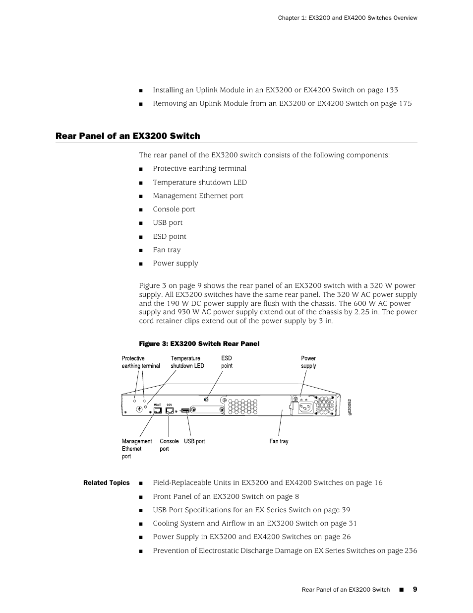 Rear panel of an ex3200 switch, Figure 3: ex3200 switch rear panel | Juniper Networks EX4200 User Manual | Page 35 / 284