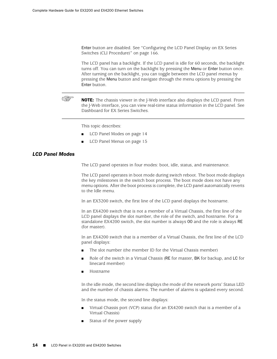 Lcd panel modes | Juniper Networks EX4200 User Manual | Page 40 / 284