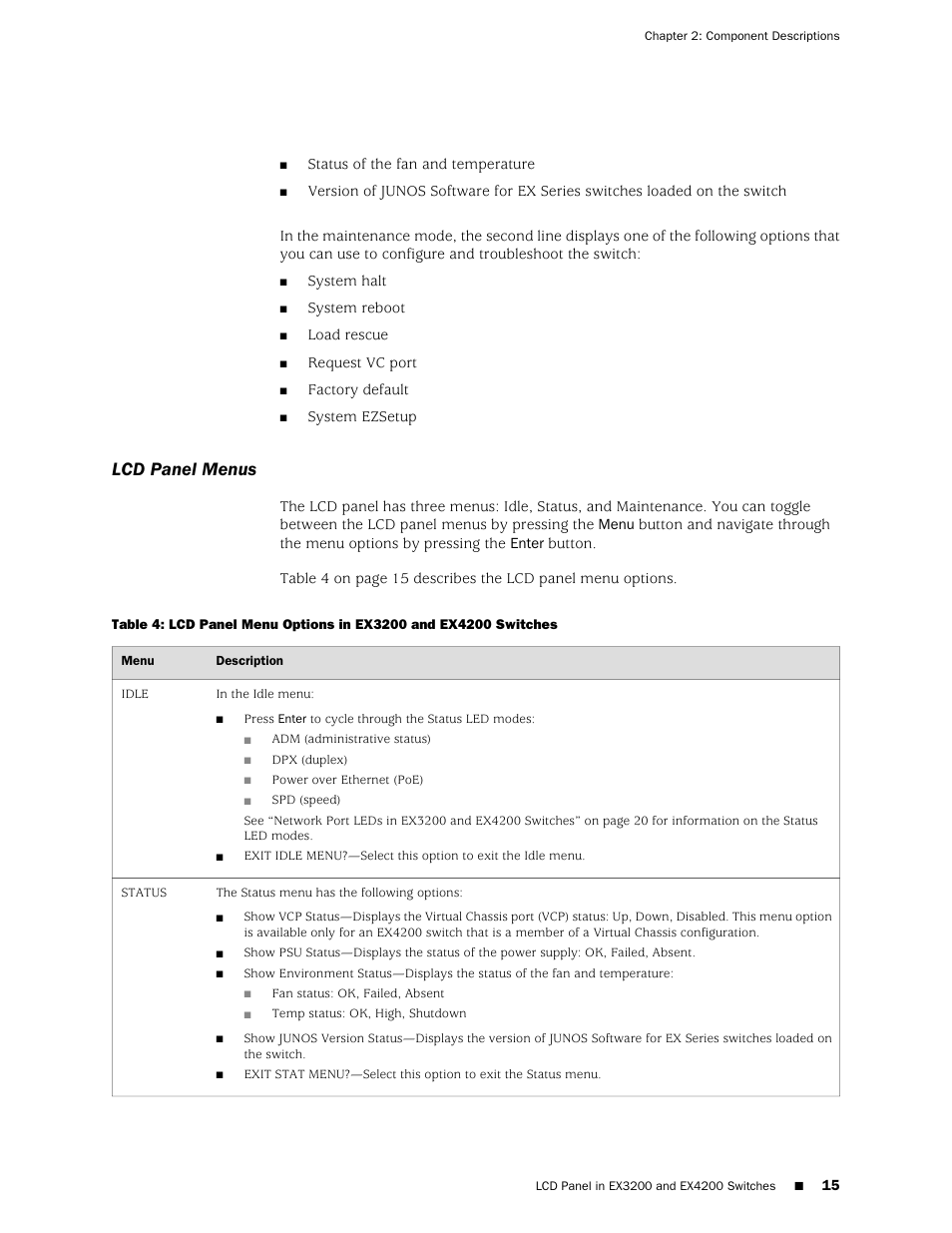Lcd panel menus | Juniper Networks EX4200 User Manual | Page 41 / 284