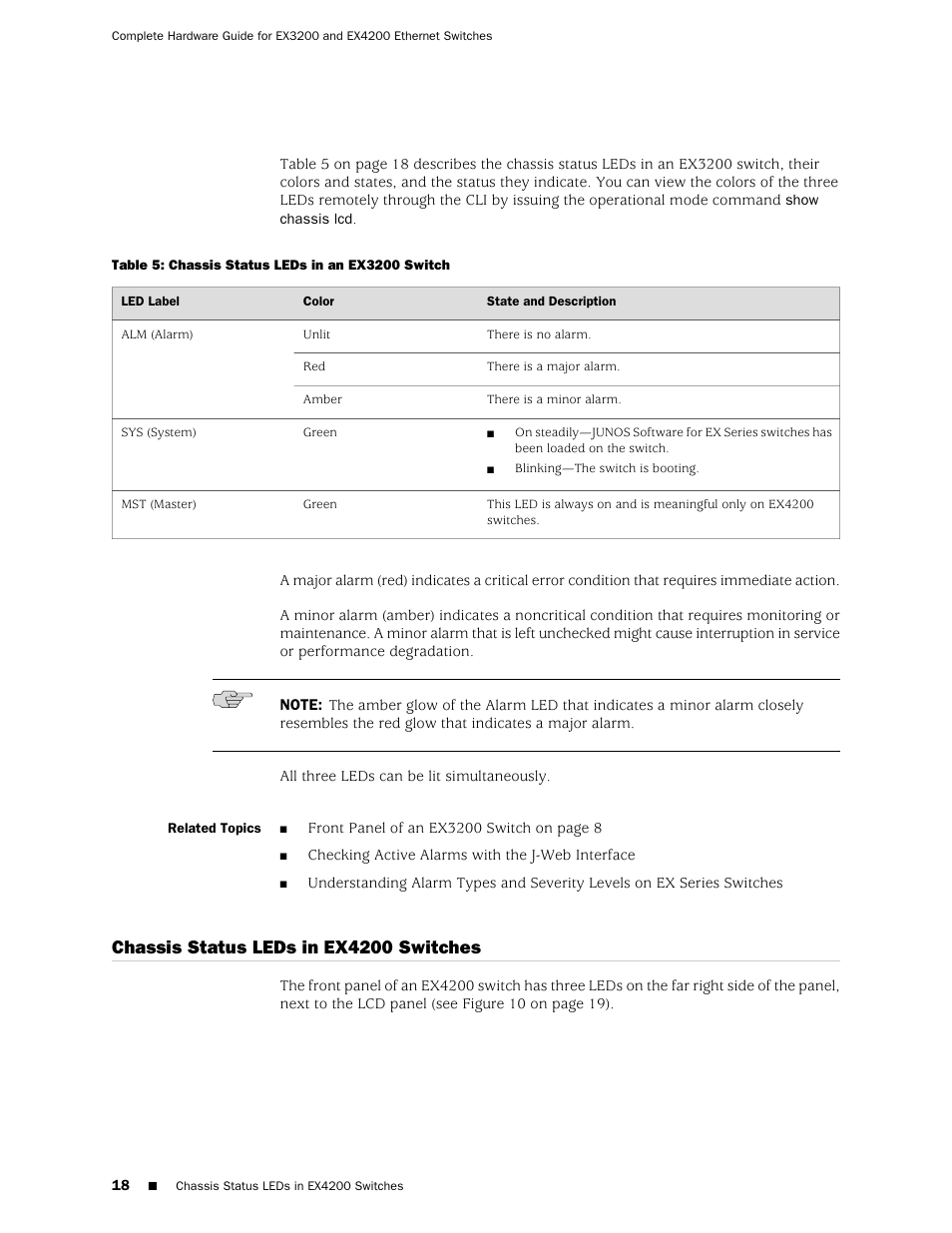 Chassis status leds in ex4200 switches, Table 5: chassis status leds in an ex3200 switch | Juniper Networks EX4200 User Manual | Page 44 / 284