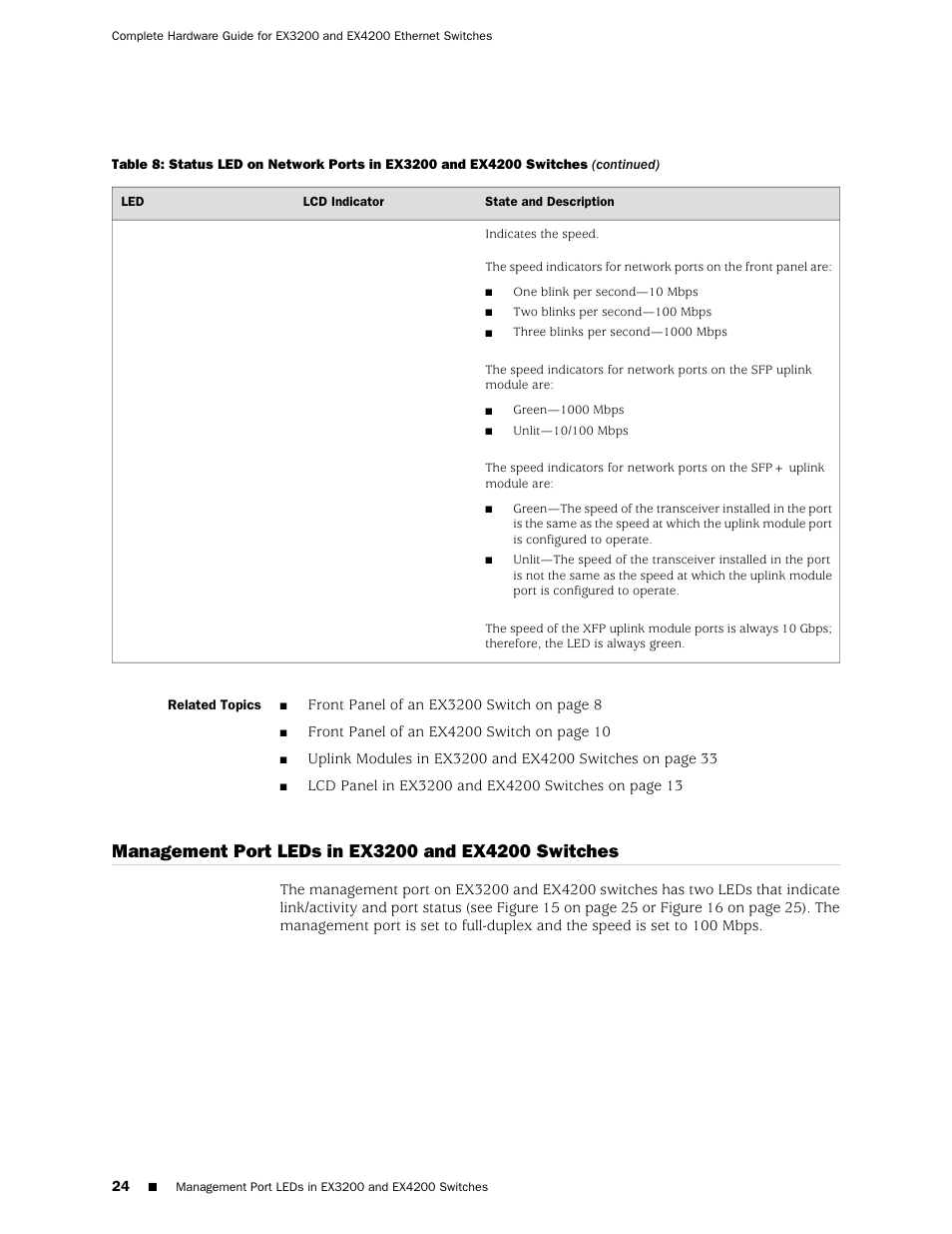 Management port leds in ex3200 and ex4200 switches | Juniper Networks EX4200 User Manual | Page 50 / 284