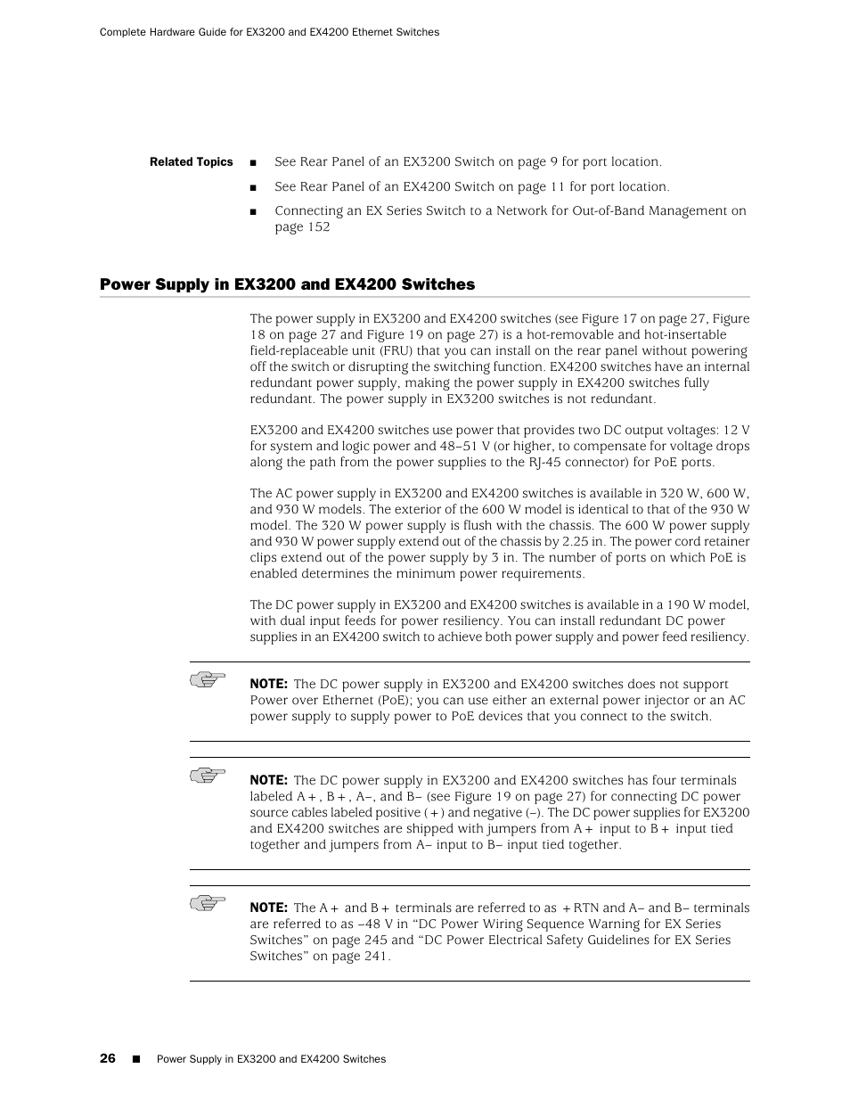 Power supply in ex3200 and ex4200 switches | Juniper Networks EX4200 User Manual | Page 52 / 284